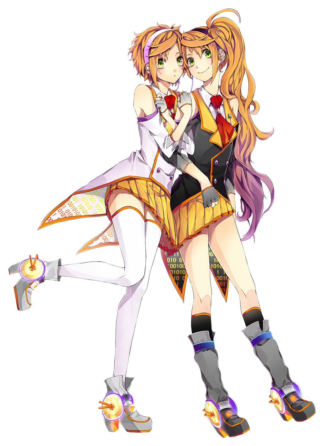 2girls, anon_(vocaloid), arm_hug, binary, blonde_hair, female_focus, full_body, headband, highres, kanon_(vocaloid), kneehighs, long_hair, looking_at_viewer, multiple_girls, official_art, ponytail, ri-rihoo, short_hair, siblings, sisters, smile, socks, thighhighs, transparent_background, twins, very_long_hair, vocaloid