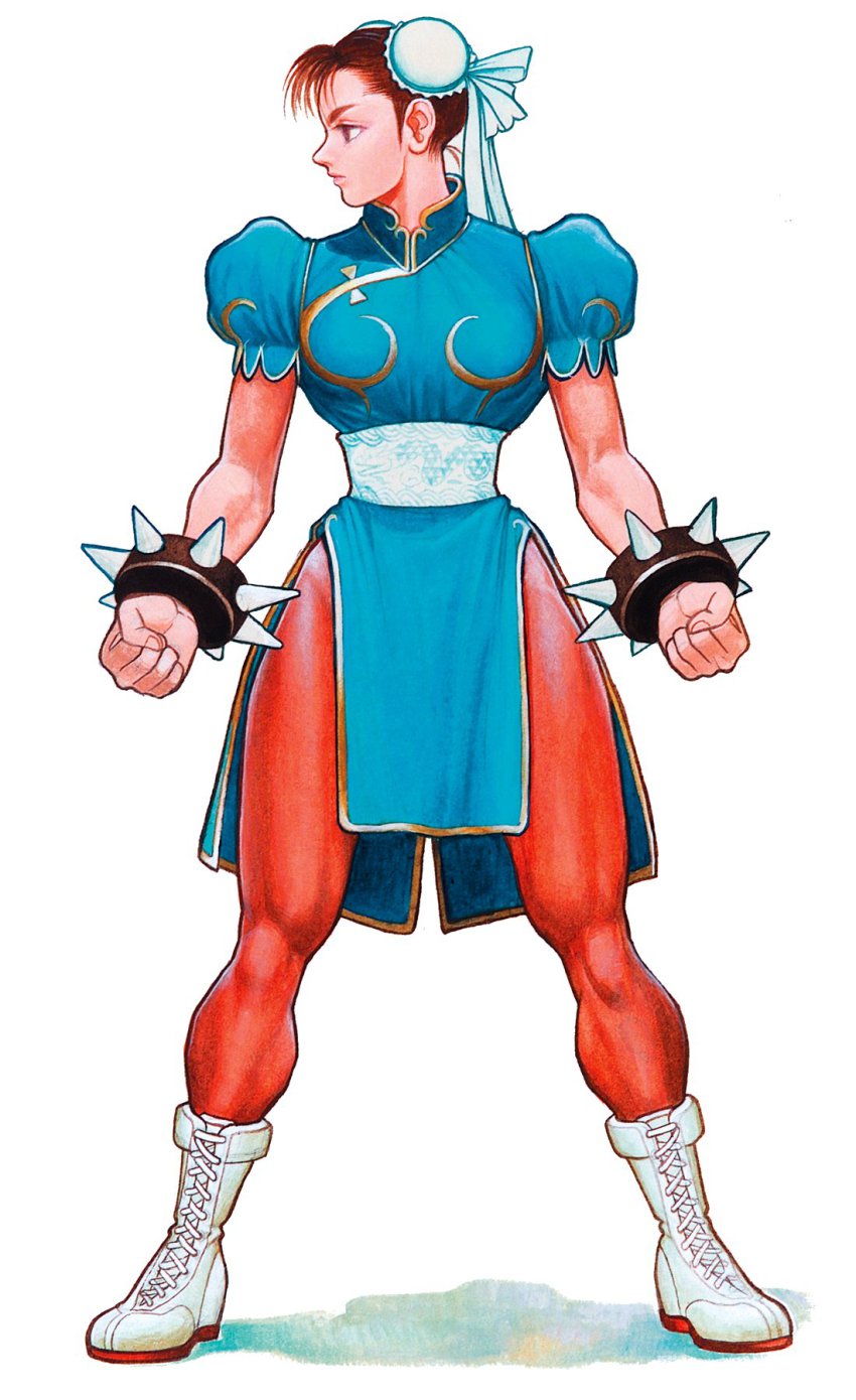 1990s_(style), 1girl, boots, capcom, chinese_buns, chun-li, highres, legs, official_art, retro_artstyle, street_fighter, street_fighter_ii_(series), yasuda_akira