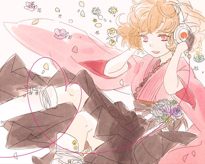 10s, 1girl, boots, brown_hair, flower, hanayama321, headphones, hoozuki_no_reitetsu