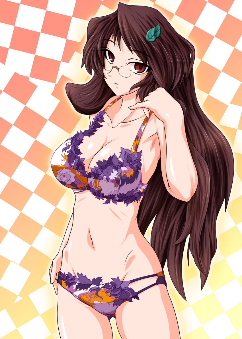 1girl, bra, breasts, brown_eyes, brown_hair, checkered_background, female_focus, fue_(fuef)