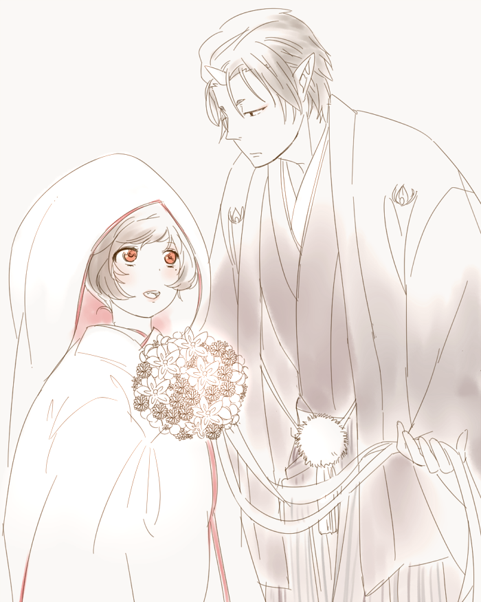 10s, 1boy, 1girl, black_hair, bouquet, bride, couple, eyeshadow