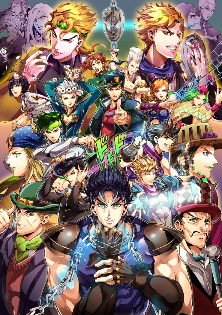 1girl, 6+boys, asymmetrical_hair, beanie, beard, black_hair, blazer, blonde_hair