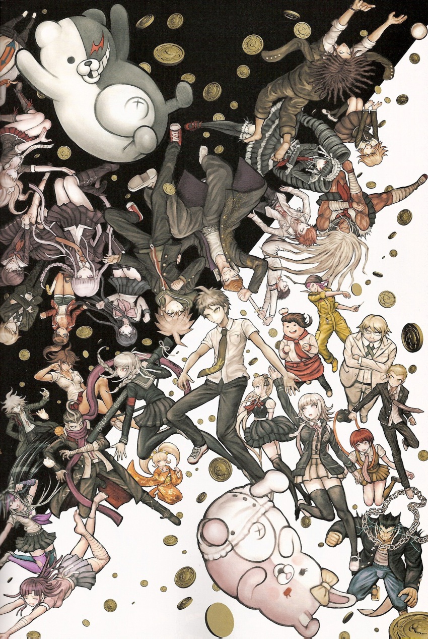 10s, 6+boys, 6+girls, asahina_aoi, bandages, black_hair, black_socks, blonde_hair, blue_eyes, blue_hair, bow, braid, brown_hair, celestia_ludenberg, cham-p, chuunibyou, coin, danganronpa:_trigger_happy_havoc, danganronpa_(series), danganronpa_2:_goodbye_despair, enoshima_junko, everyone, fujisaki_chihiro, fukawa_toko, gakuran, glasses, green_eyes, hagakure_yasuhiro, hair_bow, hair_ornament, hamster, hanamura_teruteru, heterochromia, highres, hinata_hajime, hood, hoodie, jum-p, kirigiri_kyoko, kneehighs, koizumi_mahiru, komaeda_nagito, komatsuzaki_rui, kuwata_leon, kuzuryu_fuyuhiko, maga-g, maizono_sayaka, mioda_ibuki, monokuma, monomi_(danganronpa), multicolored_hair, multiple_boys, multiple_girls, muscular, muscular_female, naegi_makoto, nanami_chiaki, necktie, nidai_nekomaru, official_art, ogami_sakura, owada_mondo, owari_akane, pantyhose, pekoyama_peko, pink_eyes, pink_hair, ponytail, purple_hair, red_hair, rotational_symmetry, saionji_hiyoko, scan, scarf, scarf_over_mouth, school_uniform, serafuku, short_hair, shorts, sleeves_rolled_up, socks, sonia_nevermind, soda_kazuichi, tanaka_gundham, tanaka_gundam, thighhighs, togami_byakuya, togami_byakuya_(danganronpa_2), tsumiki_mikan, twin_braids, twintails, white_hair, white_legwear, yamada_hifumi