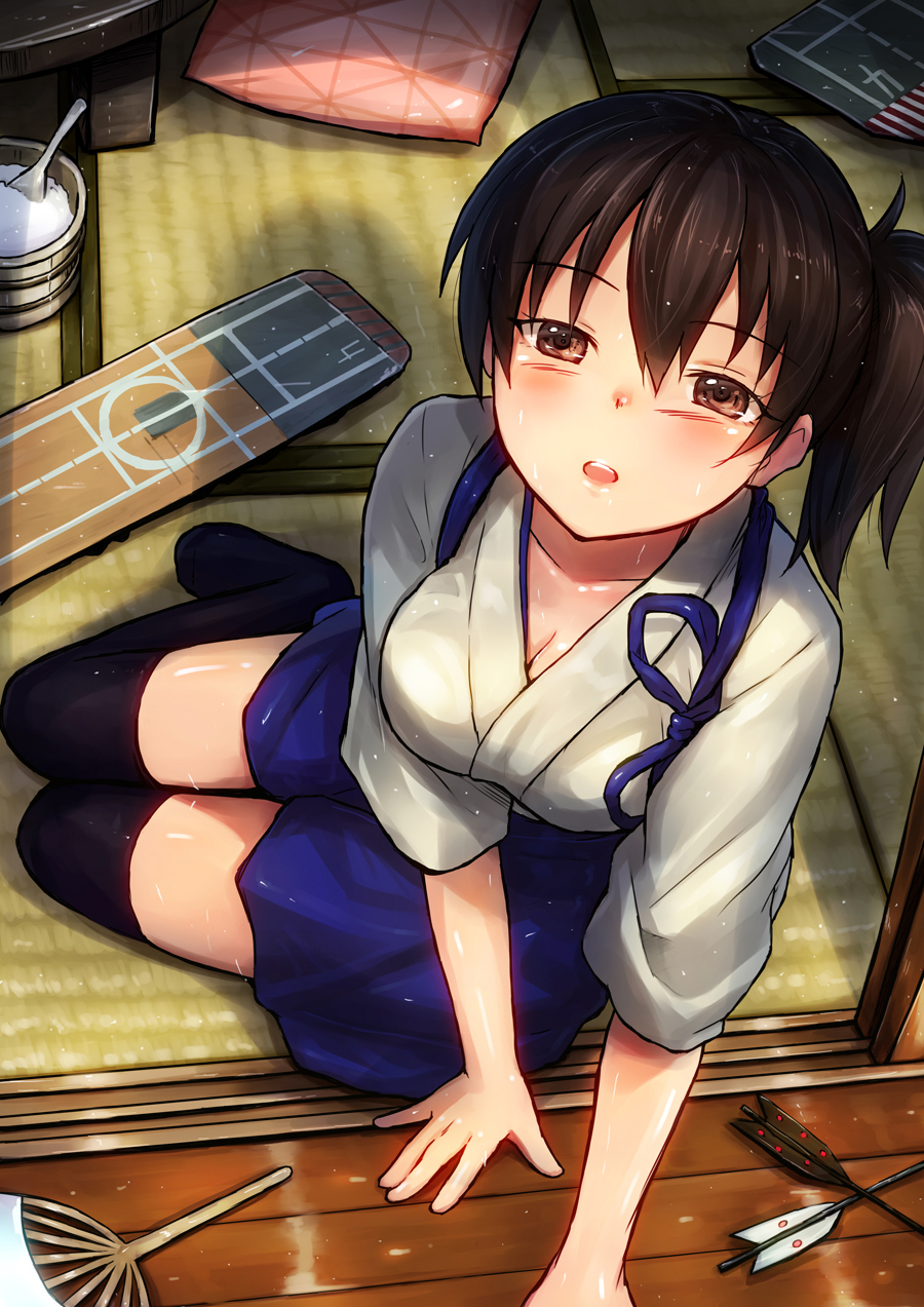 10s, 1girl, arrow_(projectile), black_thighhighs, blush, breasts, brown_eyes, brown_hair