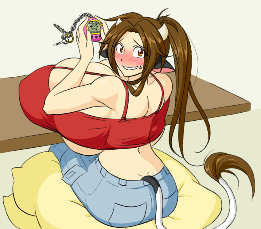 1girl, animal_ears, ass, blush, breasts, brown_hair, cow_ears, cow_girl