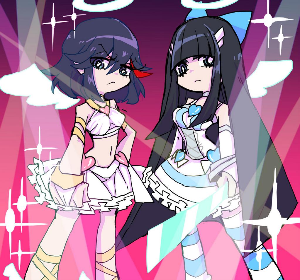 2girls, angel_wings, black_hair, cosplay, creator_connection, cross-laced_clothes, cross-laced_legwear, dress, female_focus, frills, halo, kill_la_kill, kiryuuin_satsuki, long_hair, matoi_ryuuko, md5_mismatch, midriff, multiple_girls, panty_&amp;_stocking_with_garterbelt, panty_(psg), panty_(psg)_(cosplay), parody, resized, short_hair, stocking_(psg), stocking_(psg)_(cosplay), striped_clothes, striped_legwear, striped_thighhighs, style_parody, sword, thighhighs, trait_connection, weapon, wings, yunkru