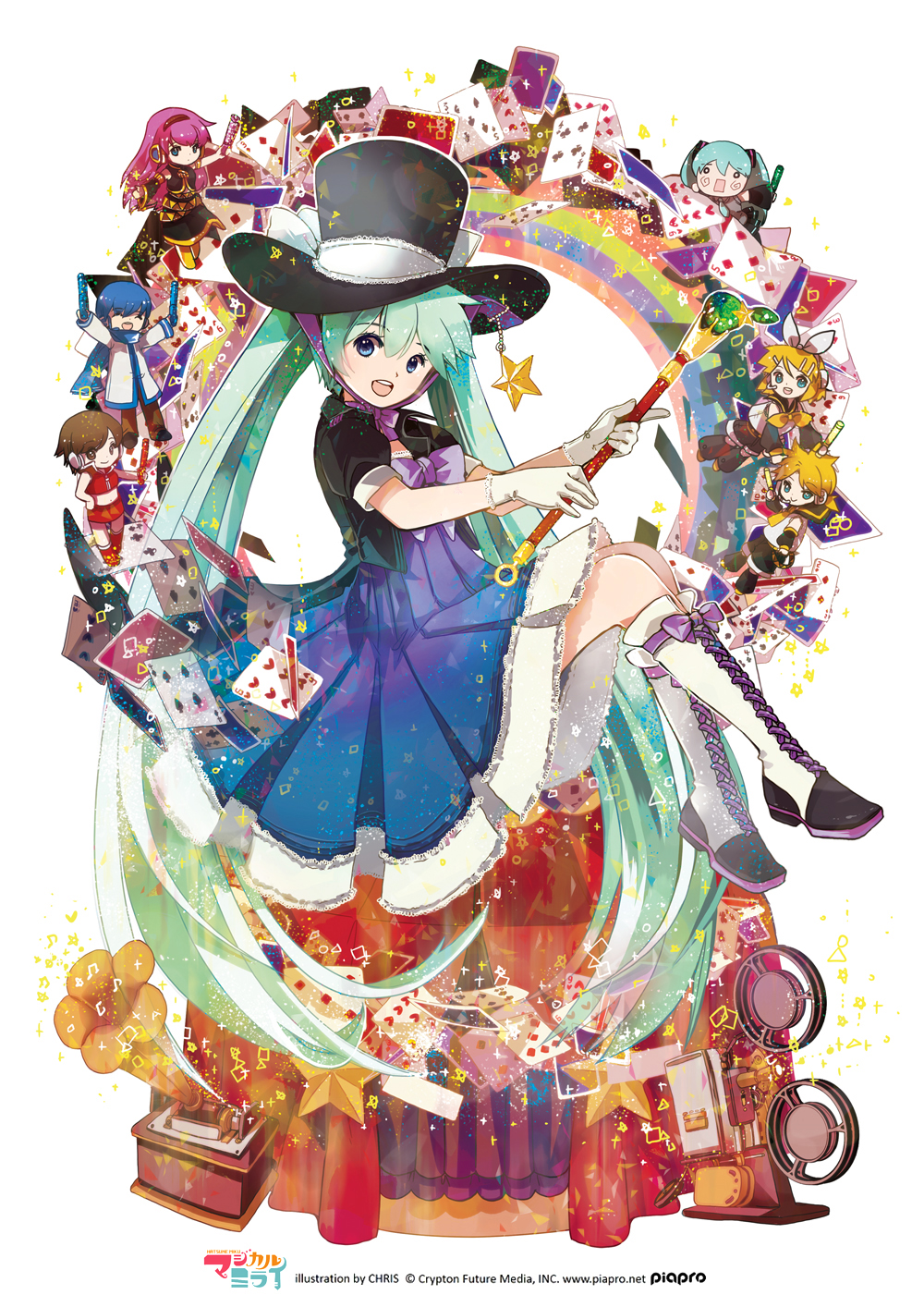 2boys, 5girls, artist_name, blonde_hair, blue_eyes, blue_hair, blue_scarf, boots, brown_eyes, brown_hair, card, chibi, chris4708, closed_eyes, dress, gloves, green_eyes, green_hair, hachune_miku, hair_ornament, hairclip, hand_on_own_hip, hat, hatsune_miku, headset, highres, kagamine_len, kagamine_rin, kaito_(vocaloid), knee_boots, lace-up_boots, long_hair, magical_mirai_(vocaloid), magical_mirai_miku, magical_mirai_miku_(2013), megurine_luka, meiko_(vocaloid), multiple_boys, multiple_girls, open_mouth, purple_hair, scarf, sitting, star_(symbol), top_hat, twintails, very_long_hair, vocaloid, wand, yamaha