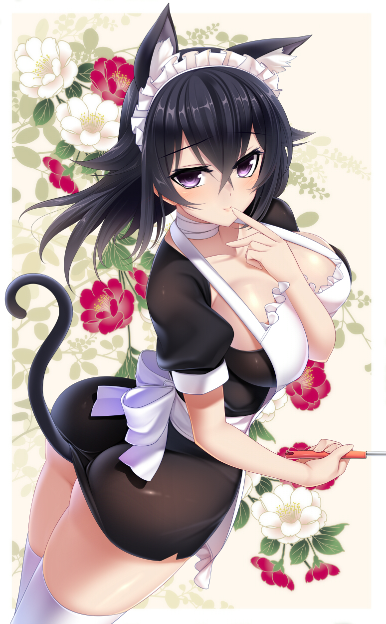 1girl, animal_ear_fluff, animal_ears, ass, black_hair, breasts, cat_ears, cat_tail