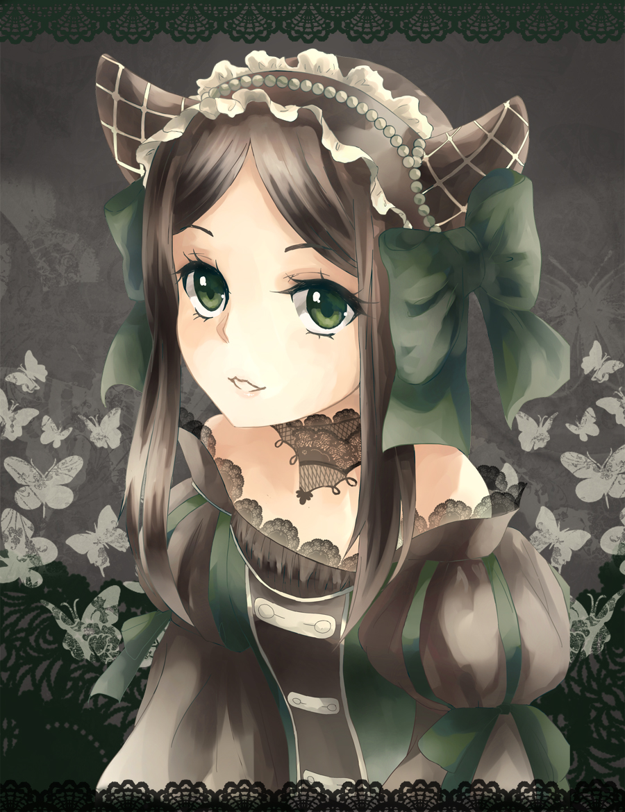 1girl, black_hair, bonnet, bow, female_focus, frills, gothic_lolita, green_eyes