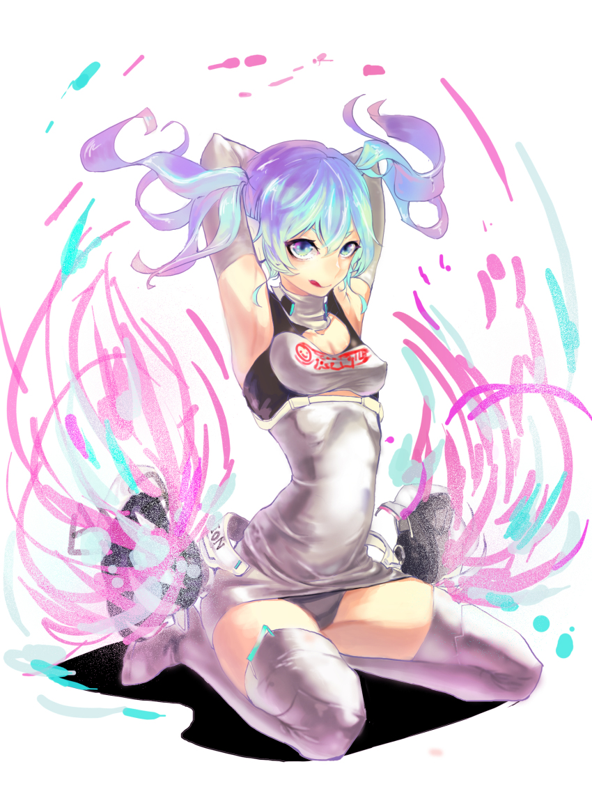 1girl, absurdres, aqua_eyes, aqua_hair, arms_up, bad_id, bad_pixiv_id, elbow_gloves, female_focus, gloves, goodsmile_company, goodsmile_racing, hatsune_miku, highres, race_queen, racing_miku, racing_miku_(2014), seiza, sitting, solo, thighhighs, vocaloid, yelsh