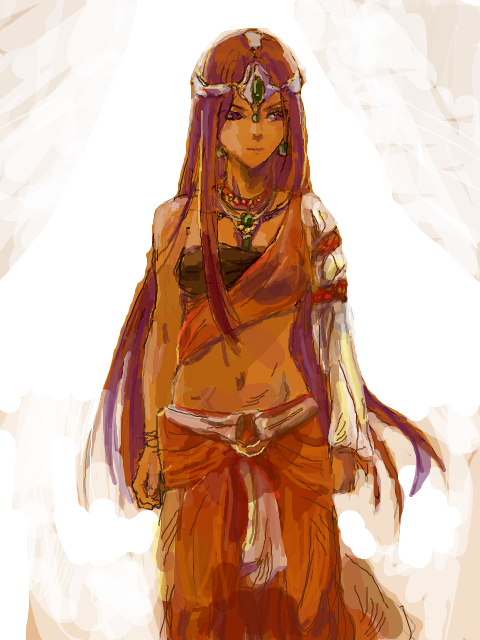 1girl, asymmetrical_clothes, circlet, dark-skinned_female, dark_skin, dragon_quest, dragon_quest_iv, earrings, female_focus, jewelry, long_hair, manya_(dq4), minea_(dq4), navel, necklace, purple_hair, solo, yagi_ayataka