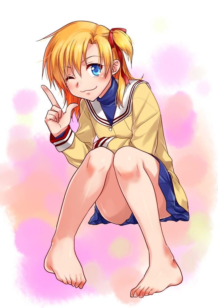 00s, 1girl, barefoot, blazer, blonde_hair, blue_eyes, clannad, feet, female_focus, genderswap, genderswap_(mtf), hair_ribbon, jacket, key_(company), misaki_juri, one_eye_closed, pleated_skirt, ribbon, school_uniform, short_hair, side_ponytail, skirt, solo, sunohara_youhei, sunohara_youko, toes, wink