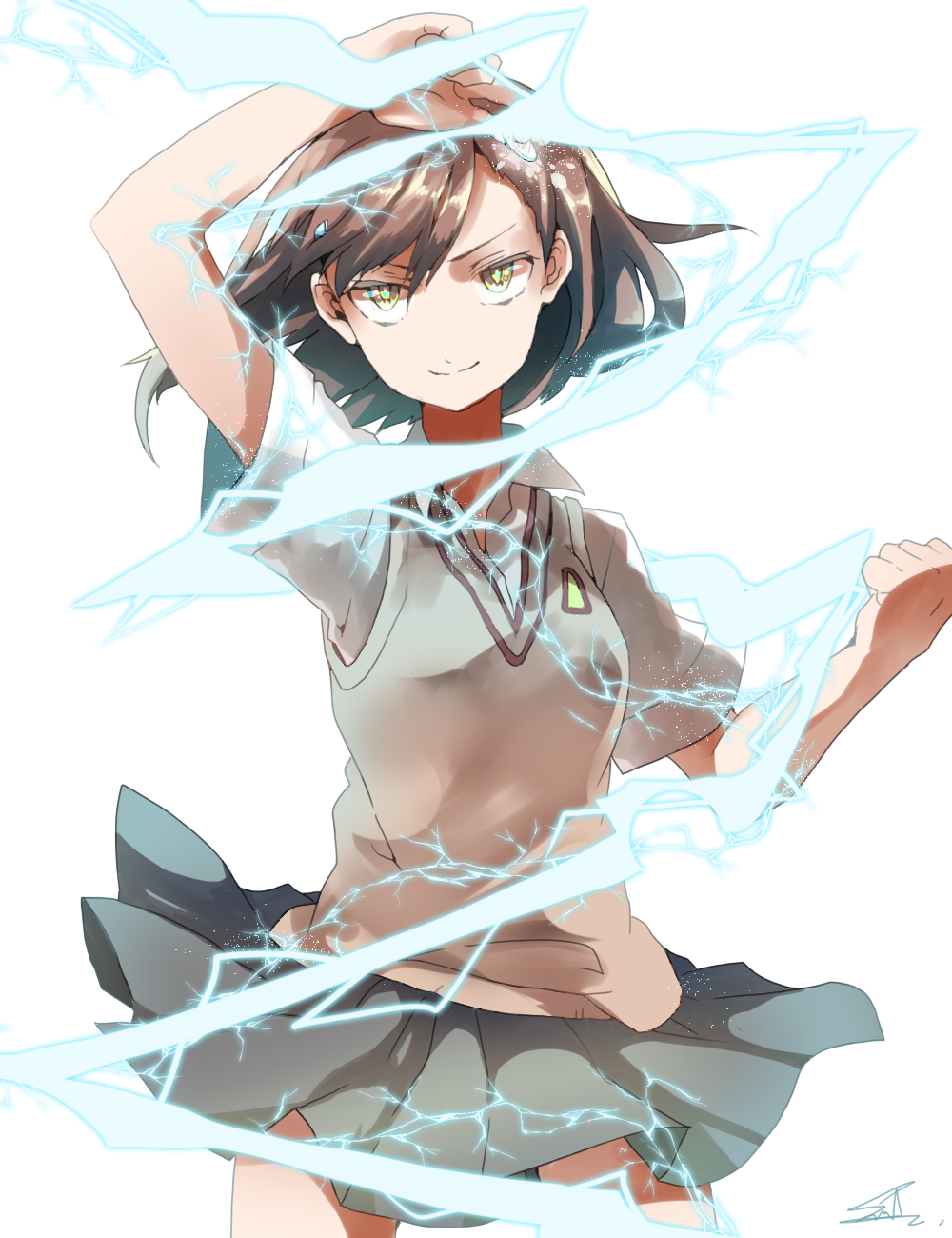 1girl, ascii_media_works, bad_id, bad_pixiv_id, brown_eyes, brown_hair, electricity, electrokinesis