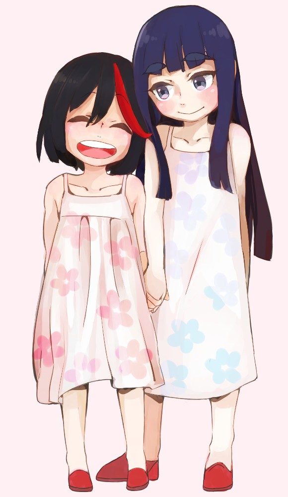 10s, 2girls, aged_down, bad_id, bad_pixiv_id, black_hair, child, dress, eyebrows, happy, holding_hands, kill_la_kill, kiryuuin_satsuki, laughing, long_hair, matoi_ryuuko, multicolored_hair, multiple_girls, open_mouth, short_hair, simple_background, smile, spike_(fluffyspiky), streaked_hair, trigger_(company), two-tone_hair, white_dress