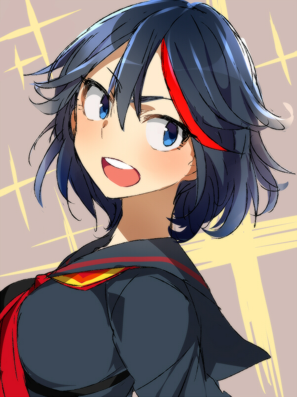 10s, 1girl, bad_id, bad_pixiv_id, black_hair, blush, juuroku_anna, kill_la_kill, living_clothes, matoi_ryuuko, multicolored_hair, red_hair, school_uniform, senketsu, short_hair, smile, sparkle, trigger_(company), two-tone_hair
