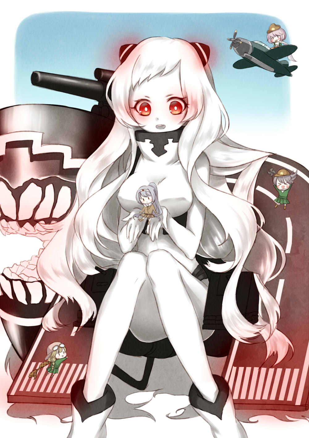 >_<, 10s, 1girl, 5girls, :d, :o, abyssal_ship, aircraft