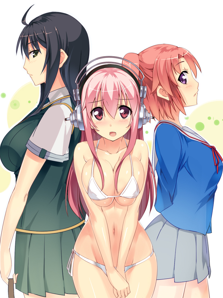 10s, 3girls, ahoge, bikini, black_hair, blush, breasts, crossover