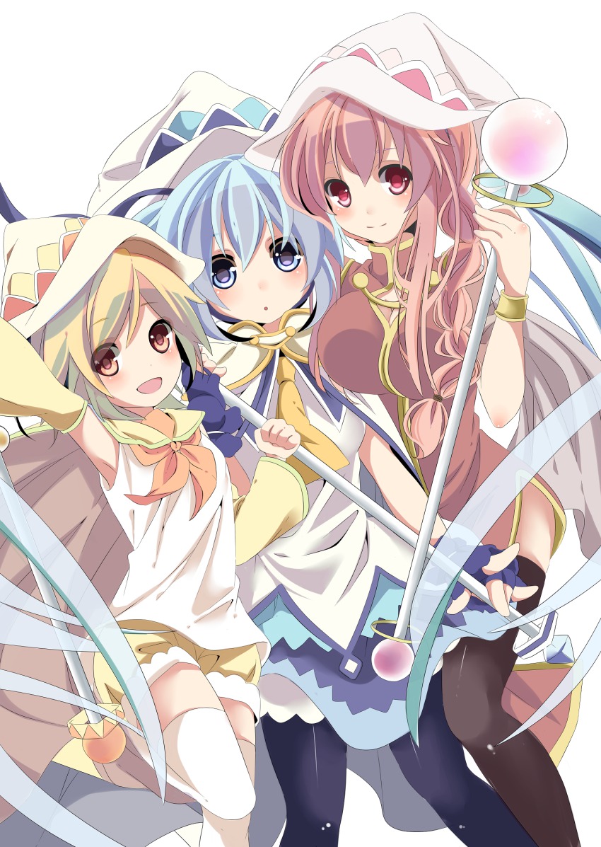 3girls, :d, arm_up, bad_id, bad_pixiv_id, blonde_hair, blue_eyes, blue_hair