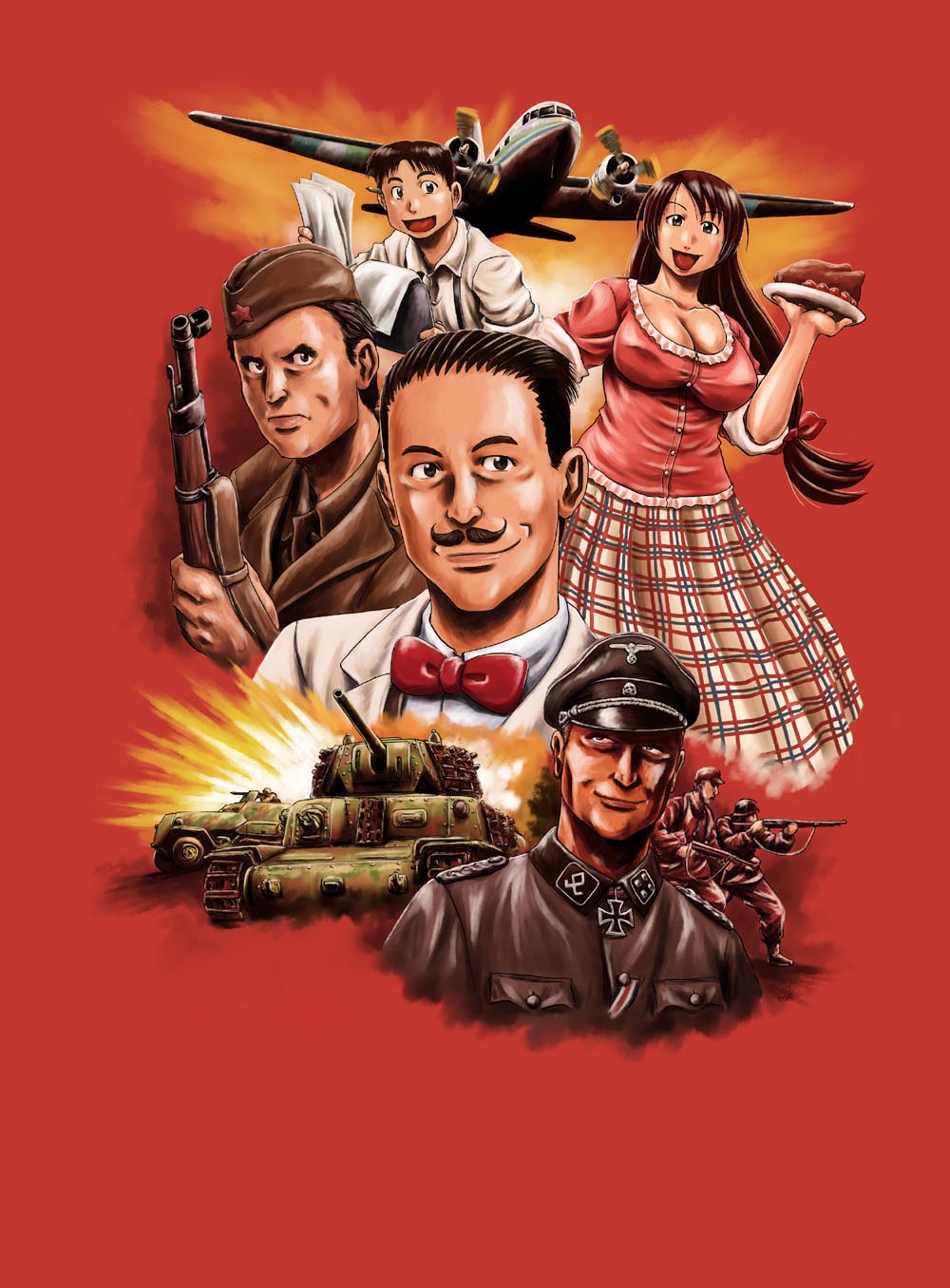 1girl, 6+boys, aircraft, airplane, amamiya_atsushi, bow, bowtie, breasts