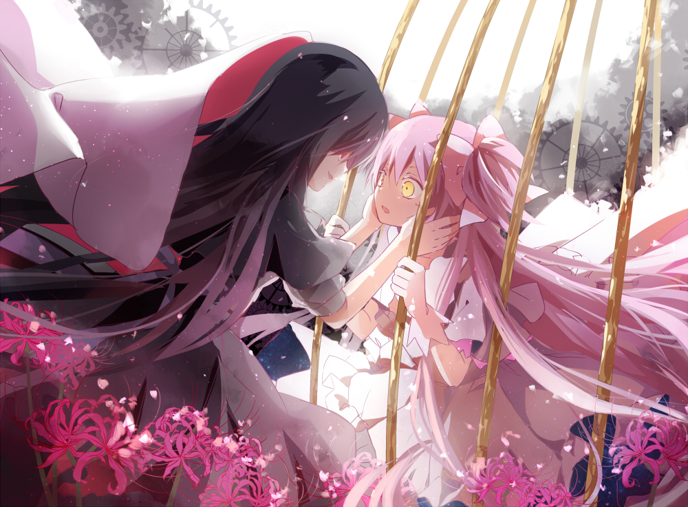 10s, 2girls, akemi_homura, akuma_homura, birdcage, cage, flower, gears, hands_on_another's_face, kaname_madoka, lotus, mahou_shoujo_madoka_magica, mahou_shoujo_madoka_magica:_hangyaku_no_monogatari, multiple_girls, natural_wind, red_eyes, red_flower, spider_lily, spoilers, ultimate_madoka, yandere, yellow_eyes, yuri
