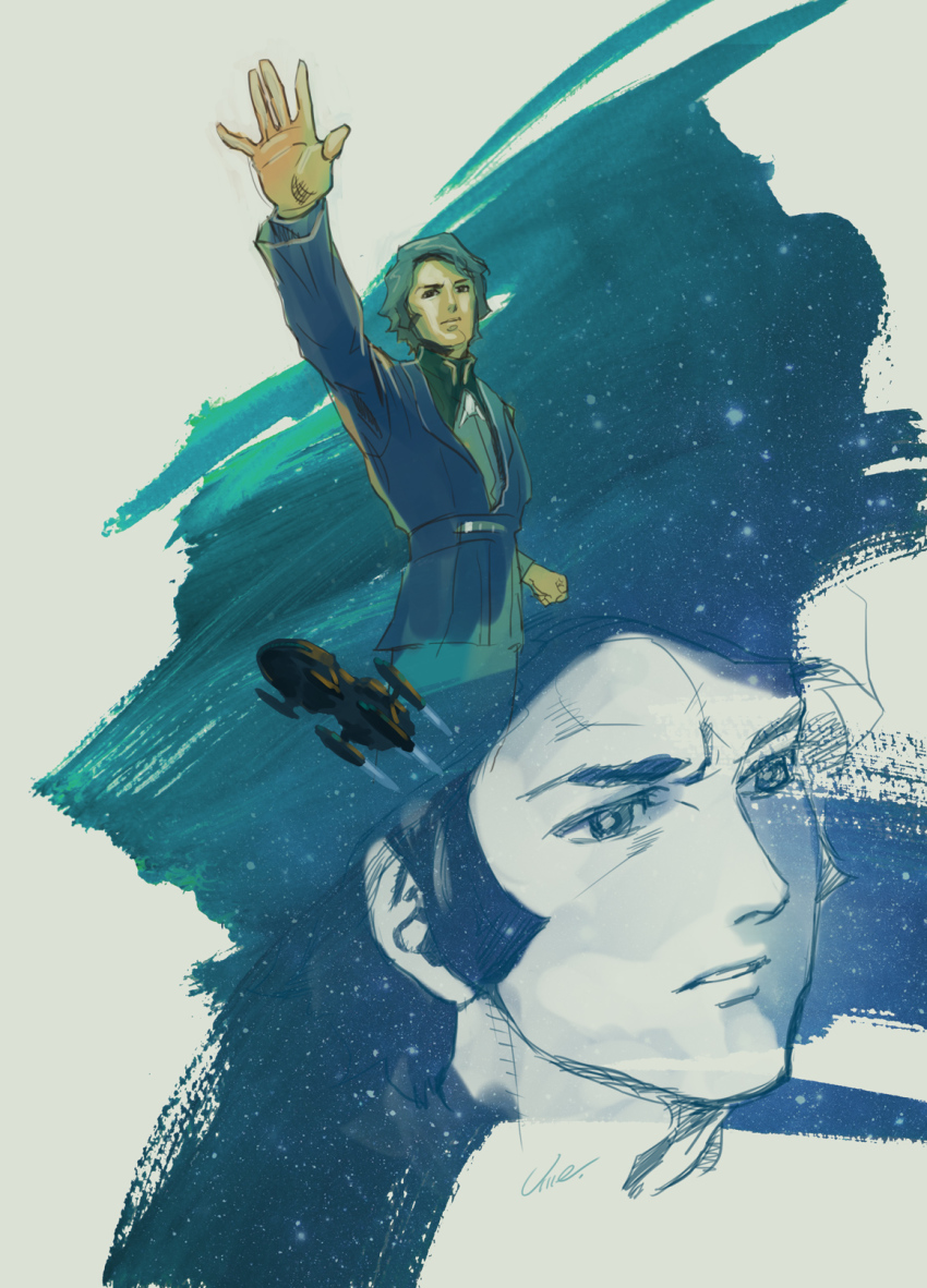 bes_jordan, densetsu_kyojin_ideon, highres, military, military_uniform, solo_ship, spacecraft, star_(symbol)