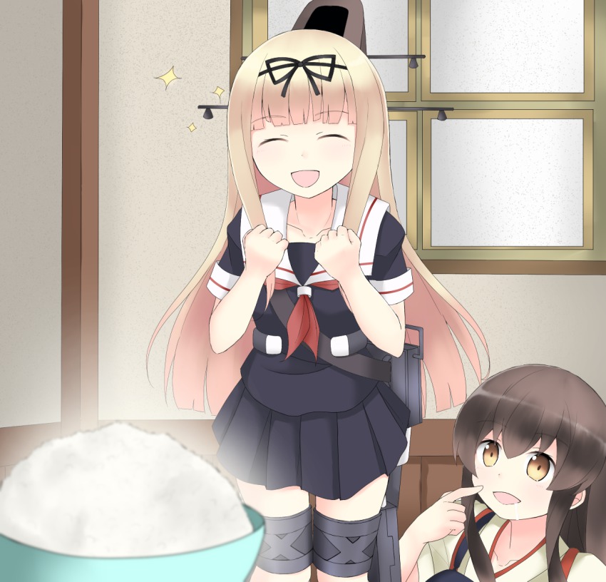 10s, 2girls, akagi_(kancolle), blonde_hair, bowl, brown_hair, butatikin, closed_eyes