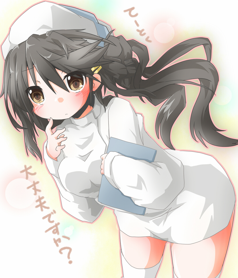 10s, 1girl, alternate_costume, black_hair, breasts, brown_eyes, clipboard, double_bun