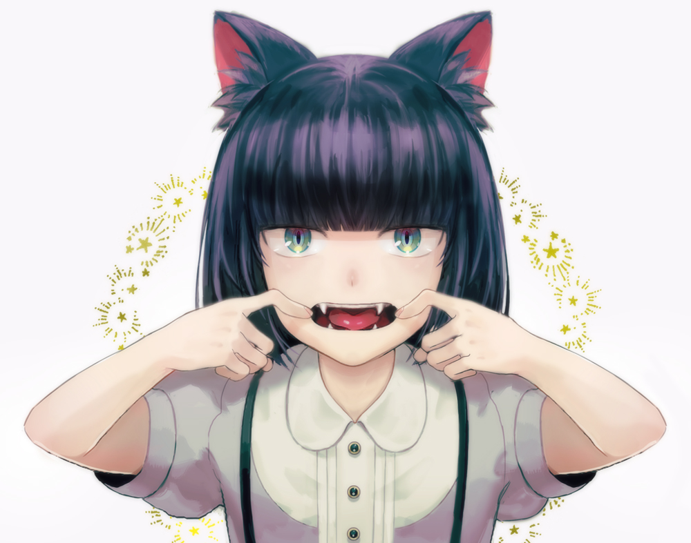 1other, androgynous, animal_ears, blue_hair, bob_cut, cat_ears, fangs, green_eyes