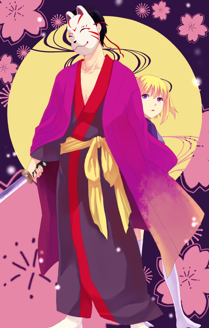 1boy, 1girl, blonde_hair, fox_mask, height_difference, highres, japanese_clothes, katana