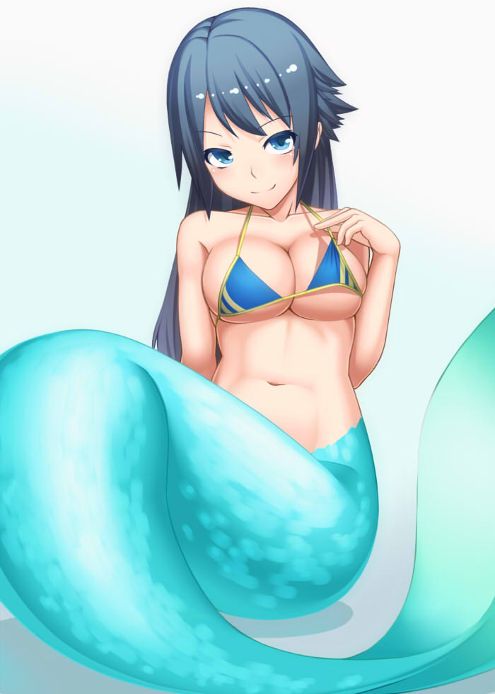 1girl, bikini, bikini_top_only, blue_bikini, blue_eyes, blue_hair, borrowed_character, breasts, cleavage, female_focus, fukami_nana_(awono_nanaumi), long_hair, looking_at_viewer, matching_hair/eyes, mermaid, monster_girl, myouan, original, smile, solo, swimsuit