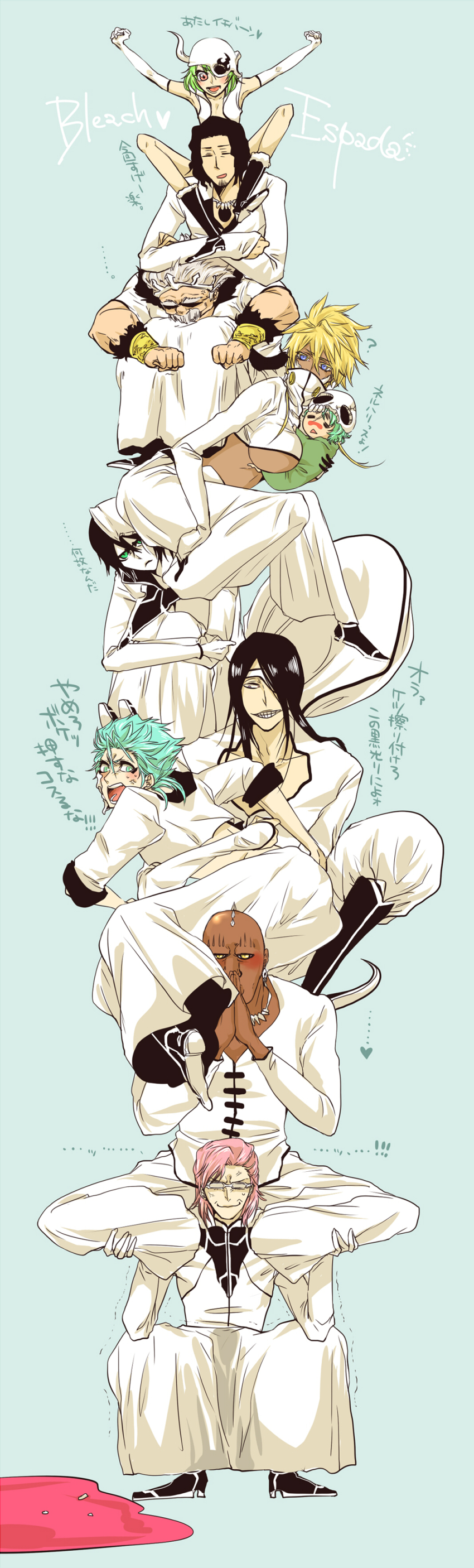 3girls, 6+boys, absurdres, aqua_eyes, aqua_hair, arrancar, baraggan_louisenbairn, black_hair