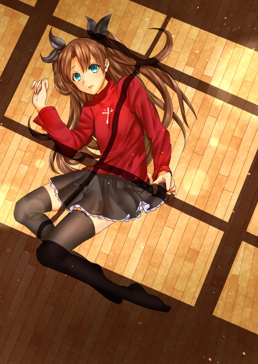 1girl, aqua_eyes, black_thighhighs, brown_hair, fate/stay_night, fate_(series), female_focus, from_above