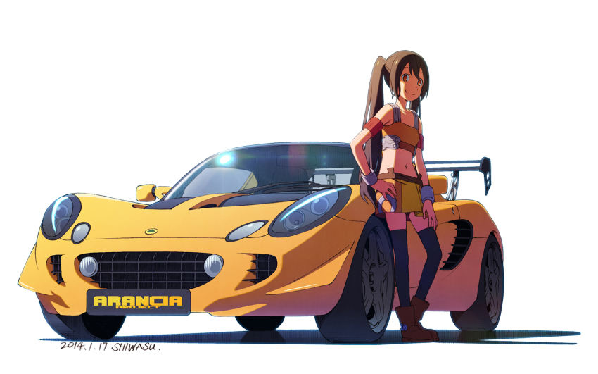 1girl, arancia, armband, bare_shoulders, boots, brown_hair, car, female_focus