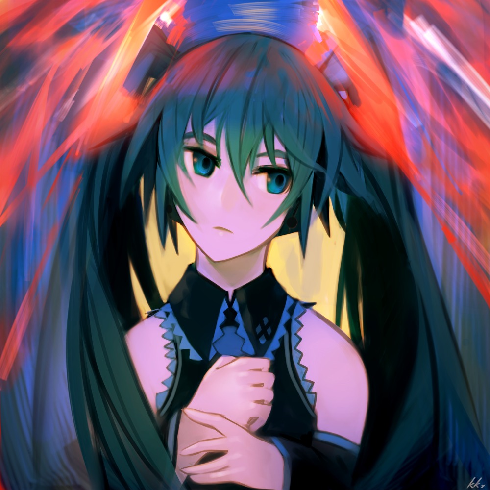 1girl, detached_sleeves, female_focus, glowing, green_eyes, green_hair, hatsune_miku, head_tilt