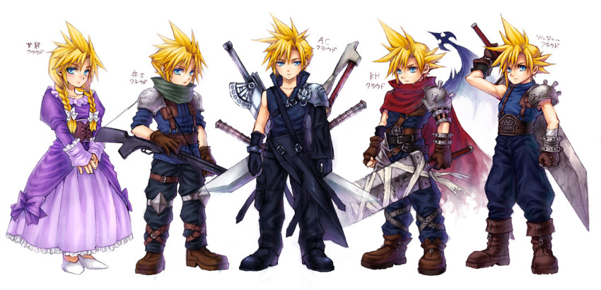 1990s_(style), blonde_hair, blue_eyes, braid, cape, cloud_strife, crossdressing, dress