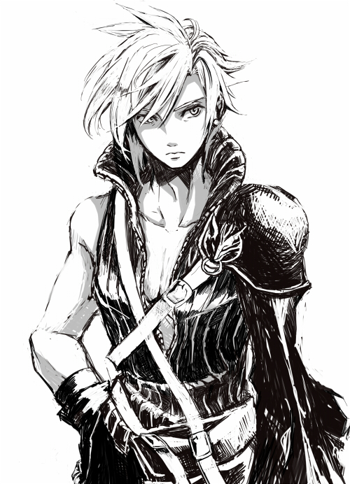 1990s_(style), 1boy, cloud_strife, final_fantasy, final_fantasy_vii, haro_27, male_focus, monochrome