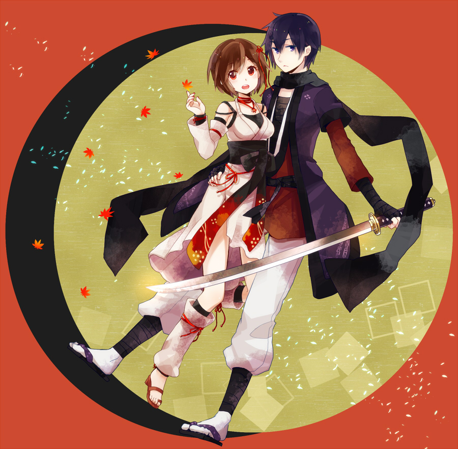 1boy, 1girl, alternate_costume, ankle_wrap, arm_ribbon, arm_wrap, autumn_leaves, black_scarf