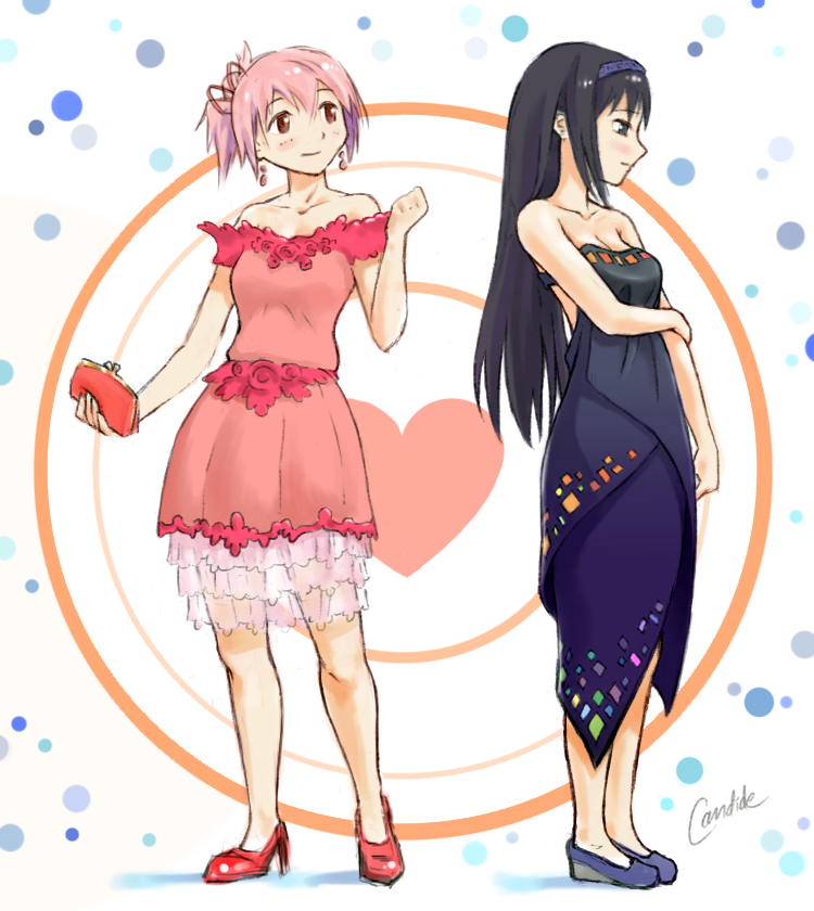 10s, 2girls, aged_up, akemi_homura, alternate_hairstyle, artist_name, bag, bare_shoulders