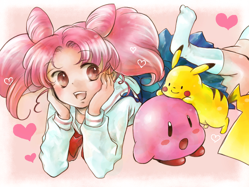 1990s_(style), 1girl, bad_id, bad_pixiv_id, bishoujo_senshi_sailor_moon, blue_skirt, brown_eyes, chibi_usa, company_connection, cone_hair_bun, creature, crossover, double_bun, gen_1_pokemon, hair_bun, head_rest, kirby, kirby_(series), kneepits, knees, legs, lying, multiple_crossover, nintendo, open_mouth, pikachu, pink_hair, pokemon, pokemon_(creature), retro_artstyle, sailor_collar, school_uniform, serafuku, short_hair, skirt, smile, socks, sugieri, teeth, tongue, twintails, white_sailor_collar