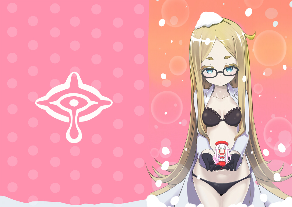 10s, 1girl, bad_id, bad_pixiv_id, black_bra, black_gloves, black_panties, blonde_hair