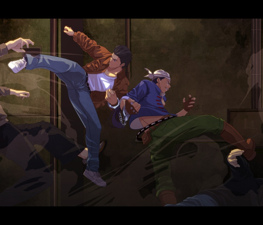 4boys, bandana, belt, brown_hair, chain, clenched_hands, fighting, fingerless_gloves