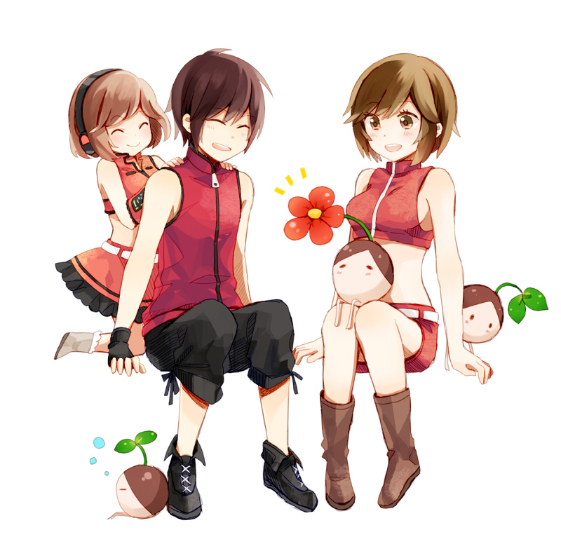 1boy, 2girls, bare_shoulders, belt, blush, boots, brown_eyes, brown_hair
