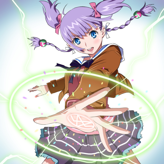 10s, 1girl, blue_eyes, bow, hair_bow, hair_ornament, jacket, magic_circle