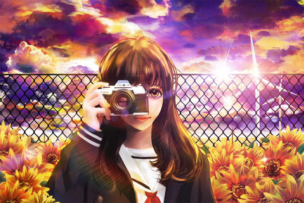 1girl, brown_eyes, brown_hair, camera, chain-link_fence, cloud, female_focus, fence, flower, long_hair, original, redmatcha, school_uniform, sky, solo, sunflower, wind_turbine, windmill