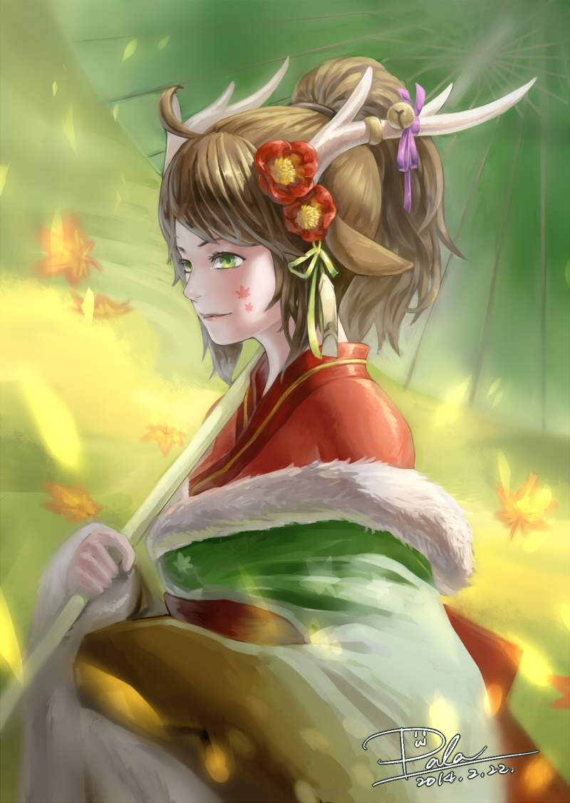 1girl, antlers, bell, brown_hair, female_focus, flower, fur_trim, green_eyes, hair_flower, hair_ornament, horns, japanese_clothes, kano_(p&amp;d), kimono, leaf, maple_leaf, oil-paper_umbrella, ponytail, puzzle_&amp;_dragons, scotishfold, solo, umbrella