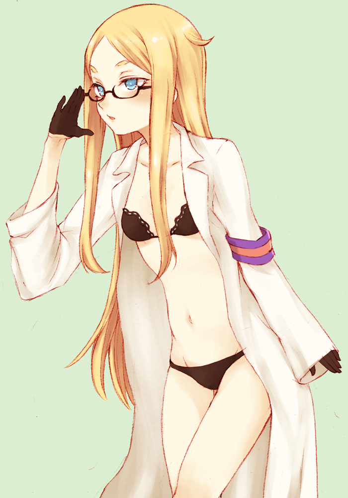 10s, 1girl, adjusting_eyewear, bad_id, bad_pixiv_id, black_bra, black_gloves, black_panties, blonde_hair, blue_eyes, bra, female_focus, glasses, gloves, green_background, half_gloves, haruhito_(divineshalt), lab_coat, long_hair, natasha_(sekai_seifuku), panties, sekai_seifuku:_bouryaku_no_zvezda, simple_background, solo, underwear