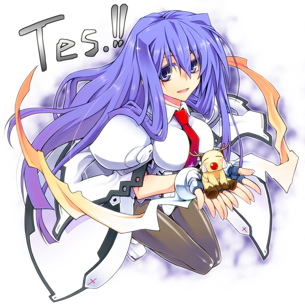 1girl, baku_(owari_no_chronicle), blue_eyes, blue_hair, bodysuit, kodama_yuu, long_hair, necktie, owari_no_chronicle, pantyhose, ribbon, shinjou_sadagiri, shinjou_sadame