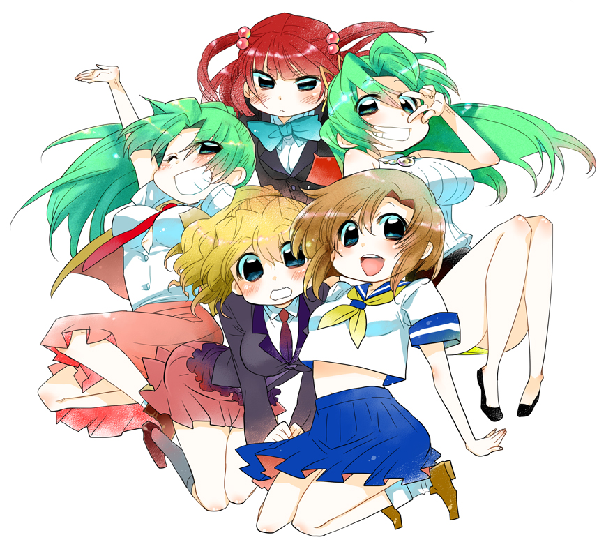 5girls, :<, blonde_hair, blue_eyes, bow, brown_hair, company_connection, creator_connection