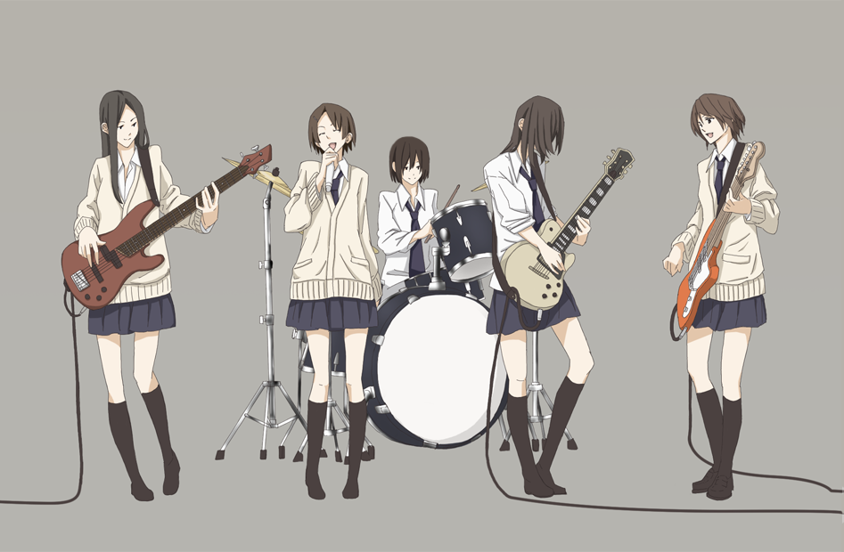 5girls, band_(music), bass_guitar, drum, drum_set, guitar, instrument, kajiki