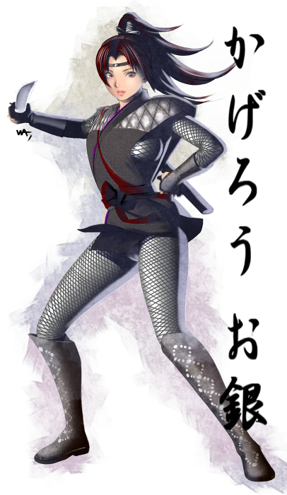 1girl, bad_id, bad_pixiv_id, boots, breasts, brown_hair, character_name, copyright_name, female_focus, headband, kagerou_o-gin, large_breasts, lips, long_hair, mito_koumon, ninja, panties, pantyshot, parted_lips, ponytail, signature, solo, underwear, wakino_keibun, weapon